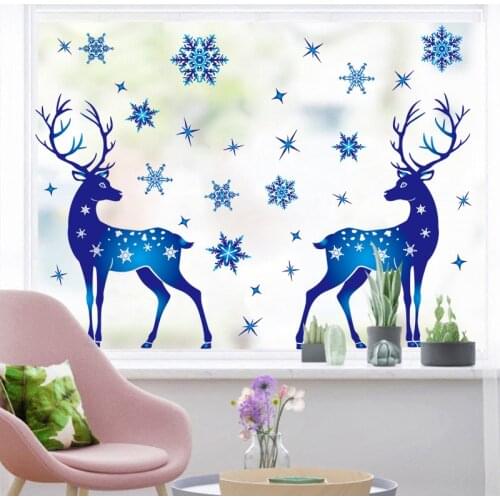 2021 New Christmas Ornament Snowflake Sticker Glass Window Decoration Sticker Christmas Blue Snowflake Elk Electrostatic Sticker