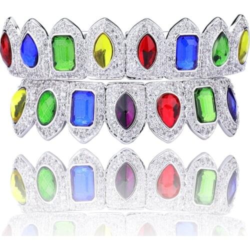 Teeth Grillz Men Women Body Jewelry Iced out Top Bottom colorful geometry Artificial gem zircon False Teeth Dental Grills Set