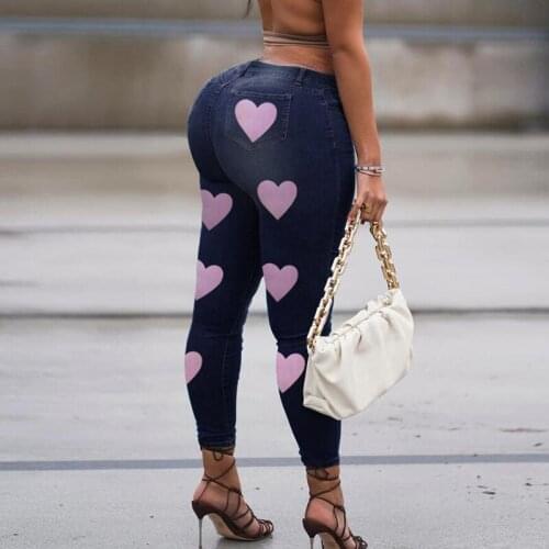 Heart Print Large Size Jeans Women Spring 2021 Fashion Slim Butt Lift High Waist Stretch Jeans Female Skinny Denim Pencil Pants