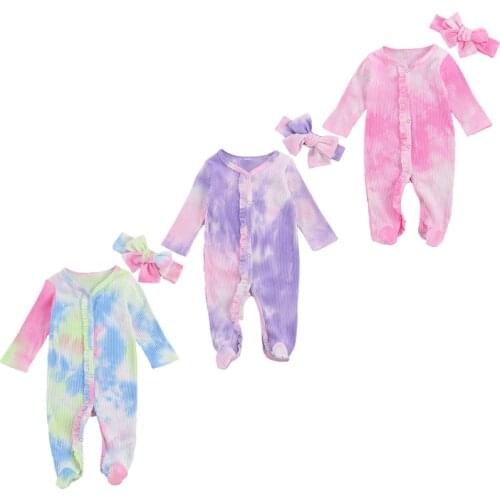 FOCUSNORM Newborn Baby Girl Tie Dye Rompers Ruffles Long Sleeve Single Breasted Jumpsuits Headband 3 Colors