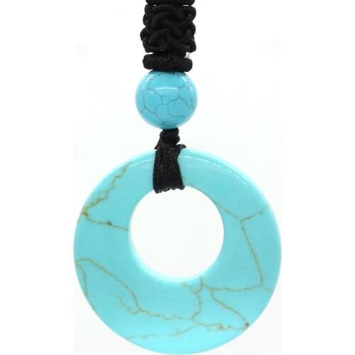 KFT Man-made Round Hollow Green Turquoises Stone Pendant with Handmade Rope Chain Necklace