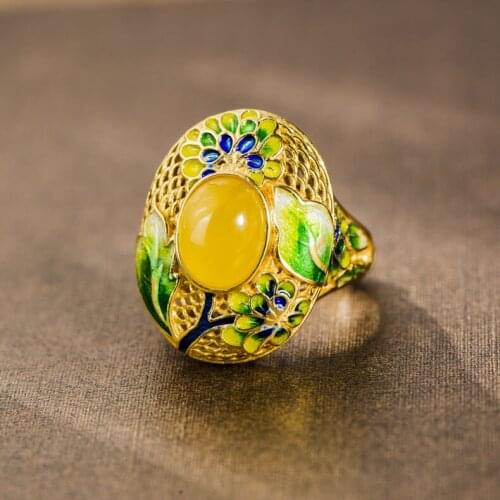 Retro Thai Ring Cloisonne Enamel Hollow Leaves Natural Beeswax Gems Female Ring S925 Sterling Silver Open Ended Jewelry