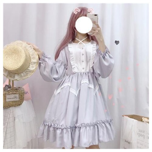COOLFEL Japanese Harajuku Kawaii Women Lolita Dress Sweet Patchwork Ruffles Lace Trim Long Sleeve Fairy Dresses
