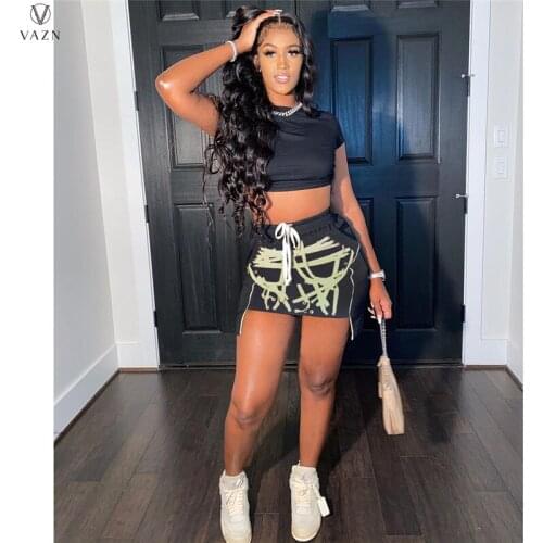 VAZN 2021 Lucky Label Summer Fitness Bandage V-Neck Short Sleeve Letter Sport Clothing Suits 2 Piece Set Women Top And Pant