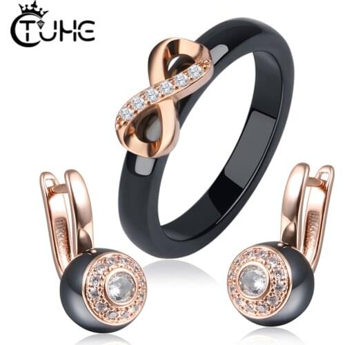 Fashion Ceramic Women Jewelry Sets Jewelry Rose Gold Cubic Zirconia Ceramic Rings Stud Earrings Jewelry Sets For Women