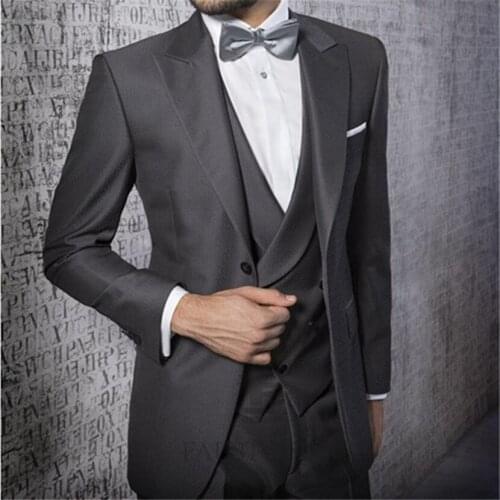 New Style One Button Grey Groom Tuxedos Notch Lapel Best Man Groomsmen Prom Suits Business Prom Suits (Jacket+Pant+Vest+Bow)