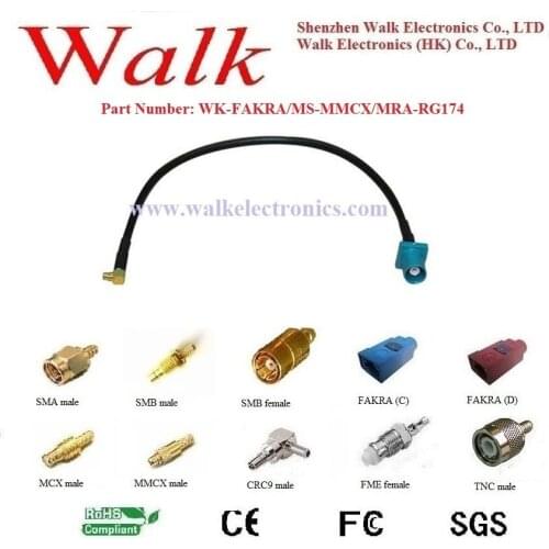 RF cable assembly: FAKRA male straight (Code Z) to MMCX male right angle with RG174 cable
