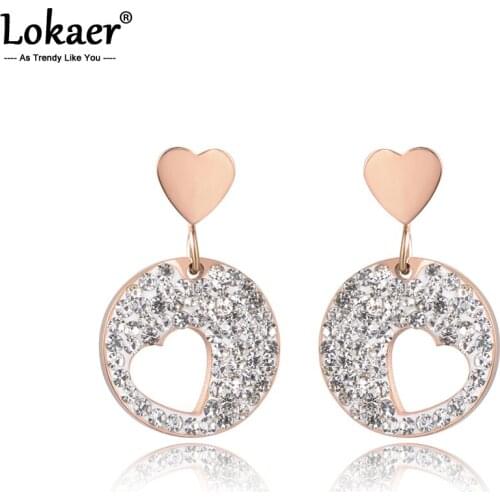 Lokaer Black White Rhinestone Simple Round Heart Earring Titanium Steel Rose Gold Color Female Stud Earrings Brincos E18020