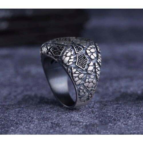 Dark Zircon 925 Sterling Silver Special Craft Engraved Traditional Handmade Turkish Signet Ring Jewelry Gift for Women Men
