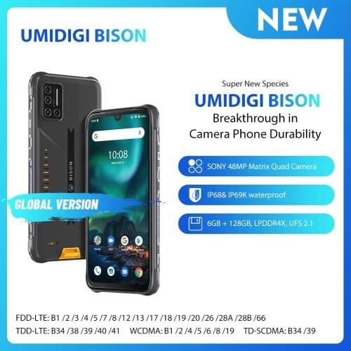 UMIDIGI BISON Smartphone IP68/IP69K Waterproof Rugged Phone 6GB+128GB NFC Android 10 48MP Matrix Quad Camera 6.3" FHD+ Display