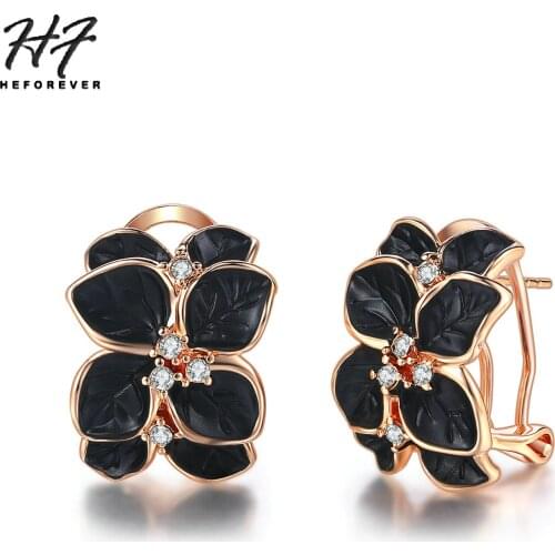 Vintage Black White Oil Drip Leaves Shaped Earrings for Women Rose Gold Color AAA+CZ Christmas Earring Fashion Jewelry E681