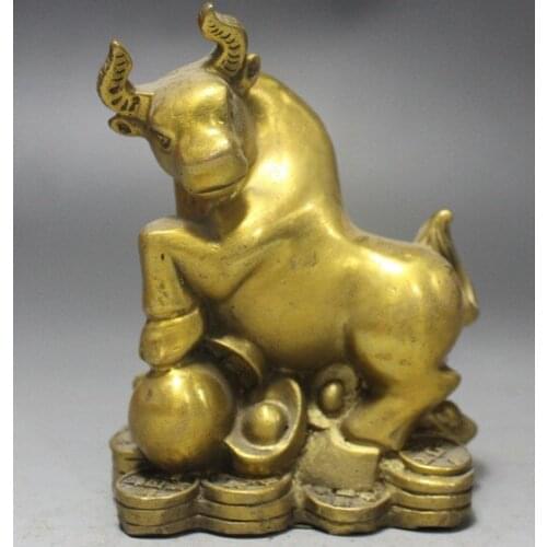 YM 322 11CM Folk Wealth Yuanbao Zodiac Chinese Pure brass Cattle Pull Bull Statue