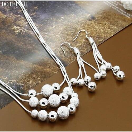 DOTEFFIL 925 Sterling Silver Smooth Matte Bead Snake Chain Necklace Earring Set For Woman Wedding Engagement Party Charm Jewelry