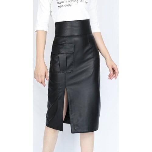 Womens Genuine Leather Long Skirt 100% Natural Sheepskin 2021 Fashion Female Design Real High Waist Wrap Office Ladies Skirt