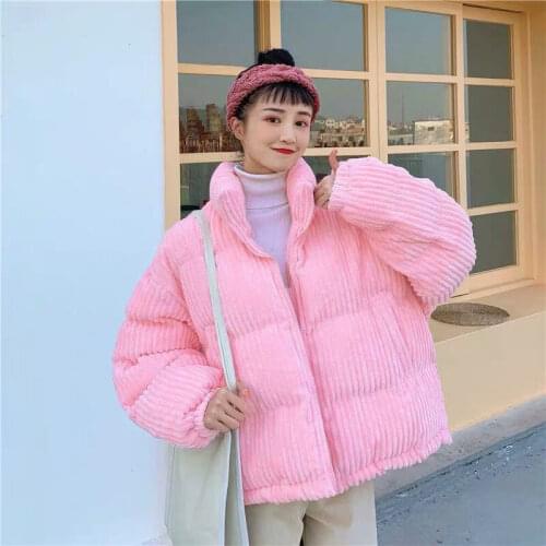 2021 Autumn Winter Corduroy Crop Puffer Jacket Women Korean Style Loose Bubble Coats Female Kawaii Pink Zipper Jackets S-XL