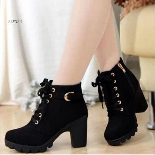 SLYXSH 2018 New Autumn Winter Women Boots High Quality Solid Lace-up European Ladies shoes PU Fashion high heels Boots 35-41