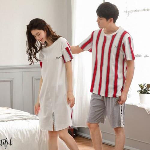 Women and men new couple summer cotton thin comfortable men short sleeve shorts two piece pajama sets and women sleepshirts