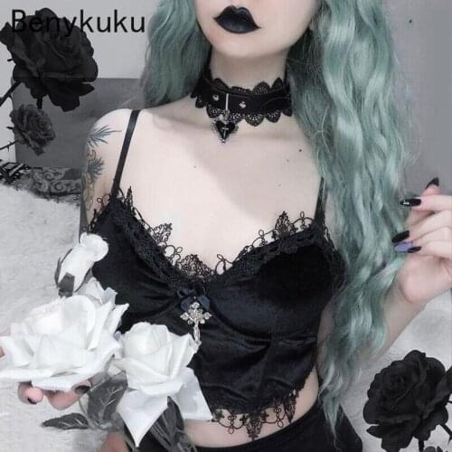 Mall Goth Cross Black Camis Top Vintage Aesthetic Lace Patchwork Velvet Camisole Grunge Spaghetti Straps V Neck Cropped Tops