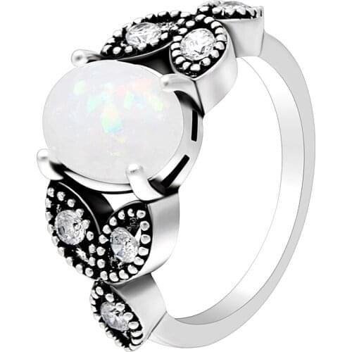 2019 Beautiful White Fire Opal Round Rings Cute Leaf Promise Engagemen Rings Wedding Bands For Women Silver Color Jewelry Gifts