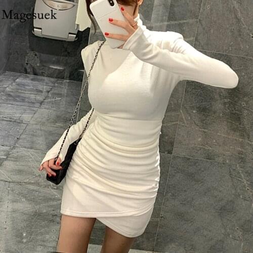 2021 Spring Above Knee Ruched Elegant Sheath Dress Pleated Turtleneck Hip Dress Women Slim Long Sleeve White Dress Robe 12975