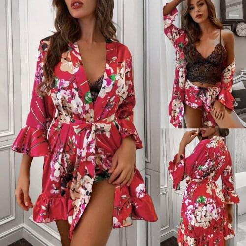 3PC Sensual Mujer Satin Silk Pajamas Women Nightdress Sexy Lingerie Robes Underwear Plus Size Sleepwear Floral