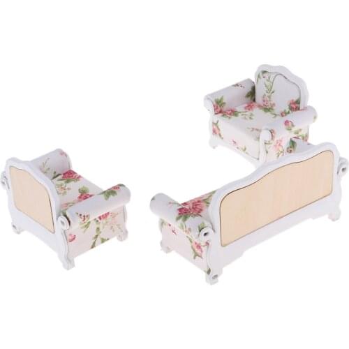 3Pcs European Floral Sofa Living Room Furniture For 1/12 Dollhouse Miniature