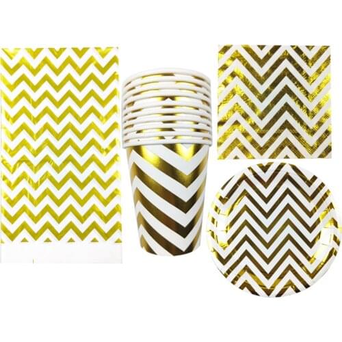 61pcs/lot Golden Wave Pattern Theme Kids Favors Tableware Set Plates Cups Dishes Birthday Baby Shower Party Tablecloth Napkins