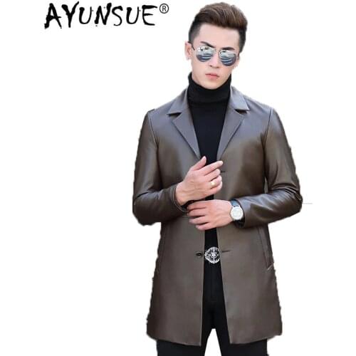 AYUNSUE Genuine Sheepskin Leather Jacket Sheepskin Coat Long Windbreaker Leather Coats Men Spring Autumn Jacket T-01-1703 KJ1618