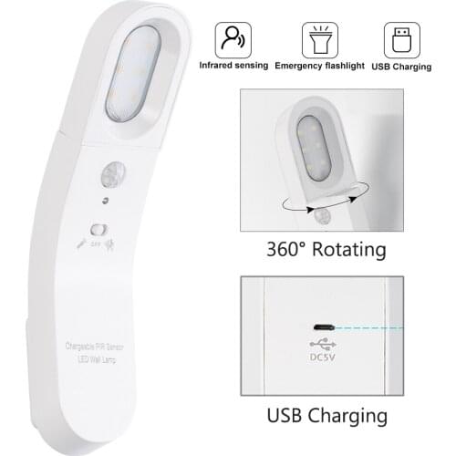 BORUiT USB Rechargeable Motion Sensor LED Night Light Lamp Bedroom 360 Degree Rotating Induction Wireless Staircase Wall Lights