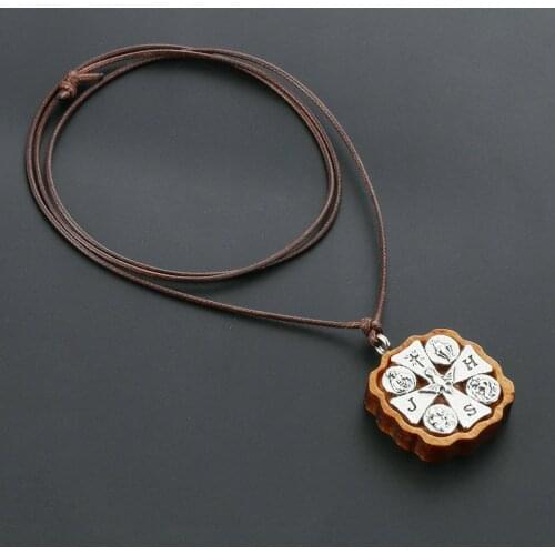 Catholic Christ Geometric Square Wooden Cross Pendant Necklaces for Men Adjustable Rope Chains Collars Religious Jewelry