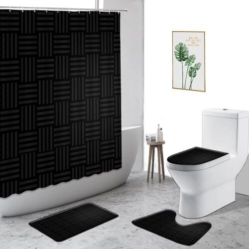 Black Geometric Waterproof Shower Curtain Beige White Simple Bathroom 4-Piece Set Non-Slip Carpet Toilet Cover Bath Curtains Rug