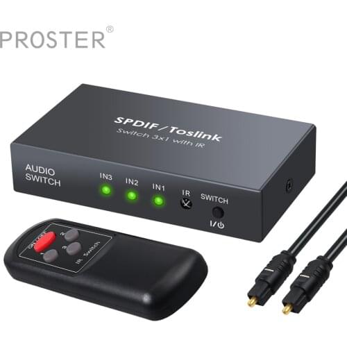 PROSTER Digital Optical Audio Switcher 3x1 SPDIF Toslink Switch Box with Optical Cable with IR Remote Control dac converter