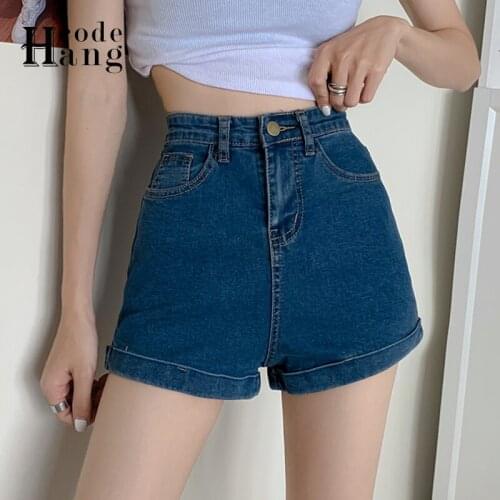 HangCode High Waist Denim Shorts Women Korean Fashion 2021 New Casual Slim Jeans Shorts Washed Blue Sexy Female Summer Shorts