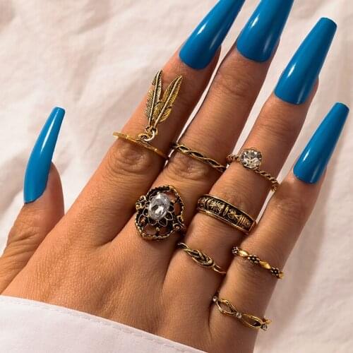 HuaTang 8pcs Retro Crystal Flower Finger Rings Set for Women Geometric Gold Color Feather Knuckle Ring Female Jewelry Anillos
