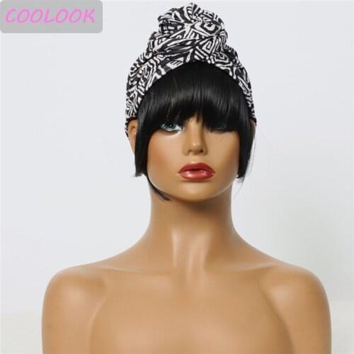 Short Headband Wigs with Bangs Synthetic Headwraps Wigs for Black Women Heat Resistant African American Cosplay Wigs with Scarf