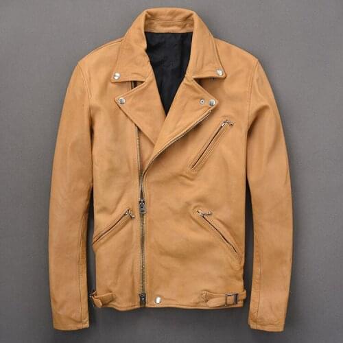 Japanese vintage genuine leather jacket men natural sheepskin slim fit motorcycle jacket for men black red yellow Army green