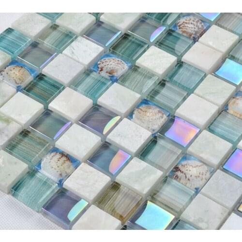 Square glass mixed stone and sea shell mosaic tiles for kitchen backsplash tile bathroom shower hallway wall mosaic HM19A001