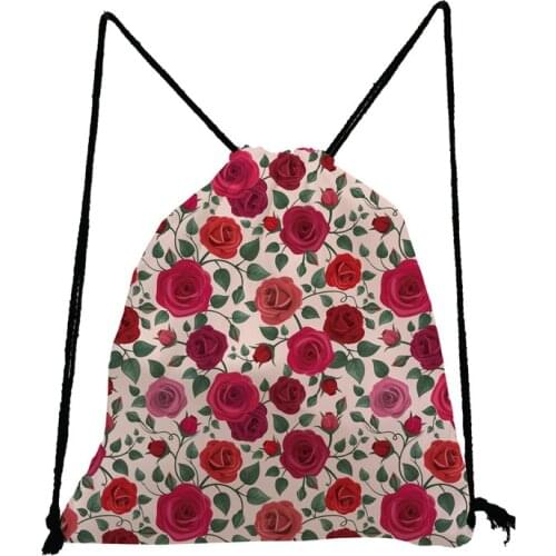 Rose Printed Drawstring Backpack Reusable Swim Travel Storage Bag Unisex Sports Gym Bag Red Floral Child School Bag Shoe Pocket