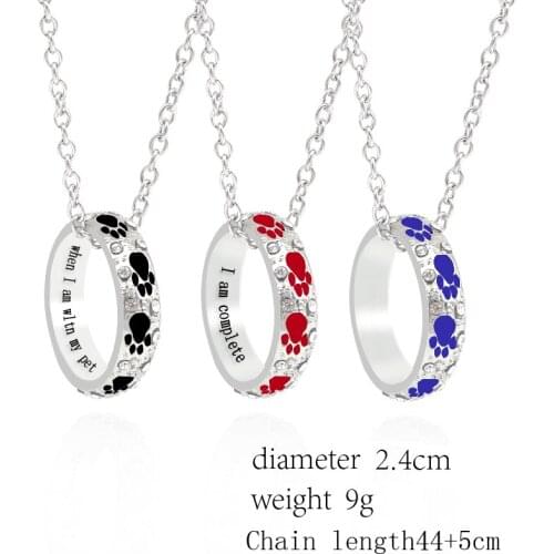 Fashion Crimson Black Blue Dog Paw Footprints Necklace Ladies Rhinestones Circle Paw Pendants When I And My Pet Jewelry 2021