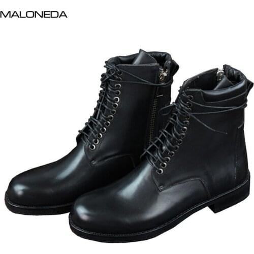 MALONEDE Bespoke Fashion Retro Handmade Mens Genuine Leather Zipper Lace up Boots with Goodyear Welted Good Quality