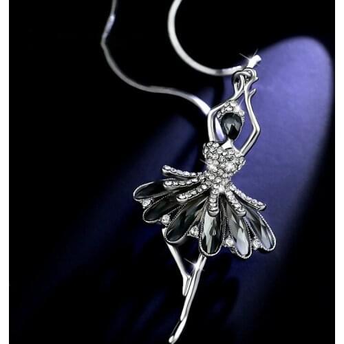 Ballet Girl Pendant Necklace Black Silver Long Chain Rhinestone Crystal Jewelry Necklaces for Women Gift