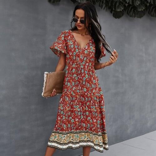 Printed Dress New Spring and Summer 2022 Loose Casual V-neck Short-sleeved Bohemian Style High-quality Floral Womens Skirt