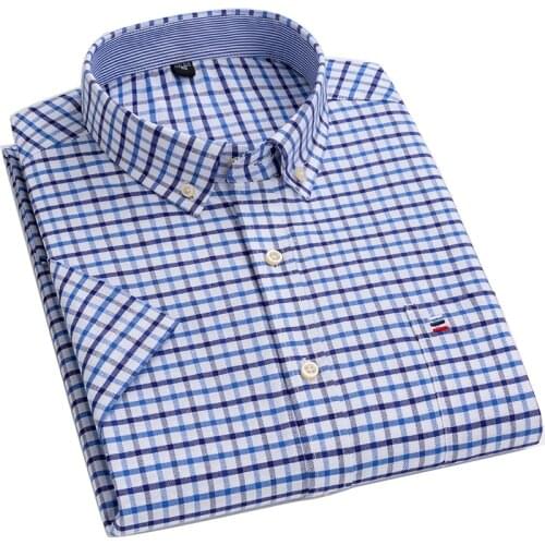 AOLIWEN brand men Oxford cloth 100% cotton large size6XL plaid short sleeve shirts for mens summer breathable casual slim shirt