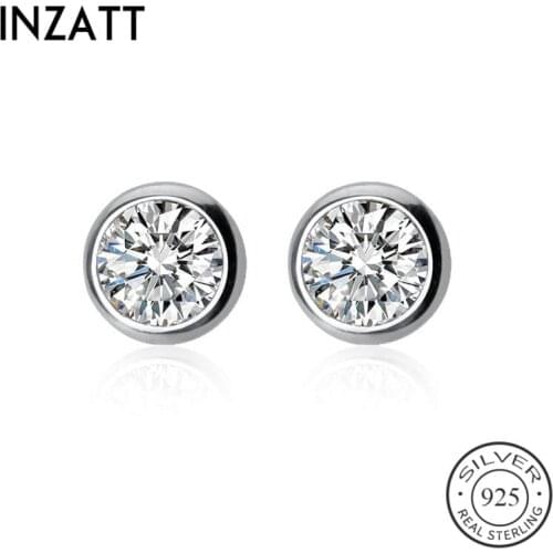 INZATT Real 925 Sterling Silver Zircon Round Stud Earrings Fashion Women Fine Jewelry Party Minimalist Cute Accessories Gift