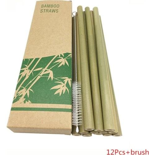 12Pcs/Set Bamboo Drinking Straws Reusable Eco-Friendly Party Kitchen + Clean Brush Drinking Straws Natural Wood Straws for Party