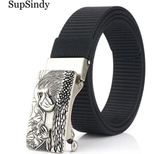 SupSindy Man nylon belt luxury Eagle metal automatic buckle Canvas Belts for men fashion jeans waistband black casual male strap