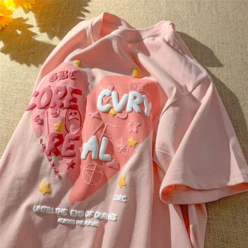 Summer Pink Love Print Womens T-shirt Korean Style High-quality Girl Top Casual Alternative Clothing Y2k Aesthetic Kpop