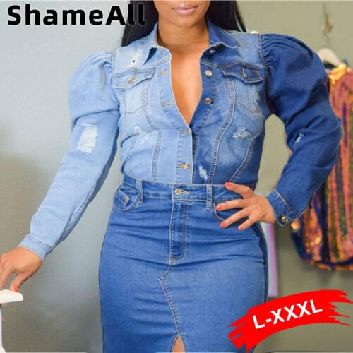 Vintage Puff Sleeve Short Jean Jacket Shirt for Women 3XL Street Ripped Fringe Cropped Denim Jackets Patchworked Flower Coat Y2K