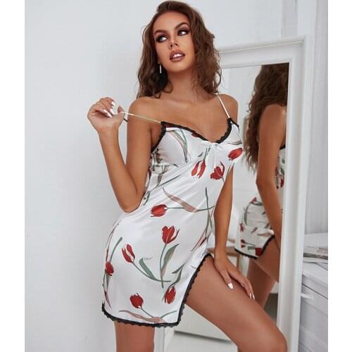 Nightdress womens summer home sexy suspender V-neck open back printed suspender dress lingerie modis gecelik sleepwear skirt