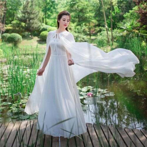 Stage Performance Daily Costume Women Summer Hanfu Cloak Cape Chiffon White Green Pink Blue Hooded Shawl Fairy Elegant Party